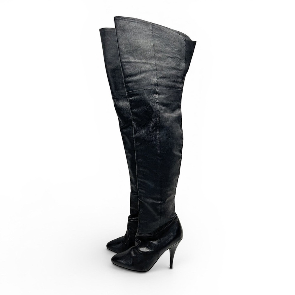 Pleaser Leather Thigh High Black Stiletto Heel Boots Size 8M Club Wear Y2K